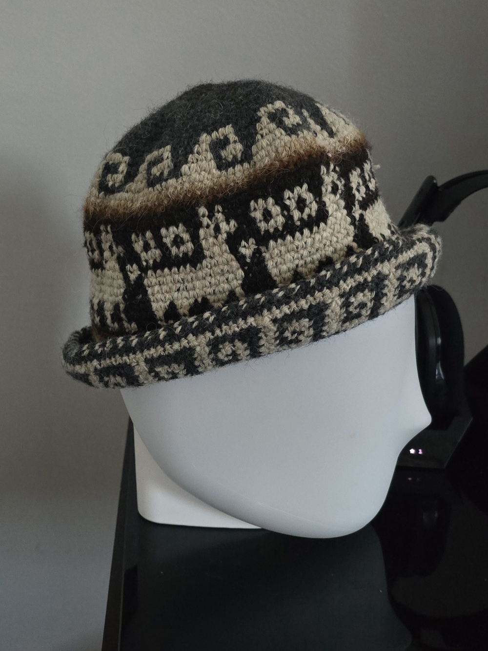 Handknit Wool Bucket Hat with Animal Motif - Black, Cream, Brown